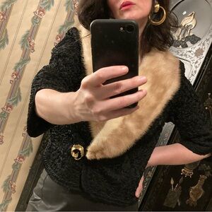 Vintage 1950’s Fur Collar Black Ribbon Jacket